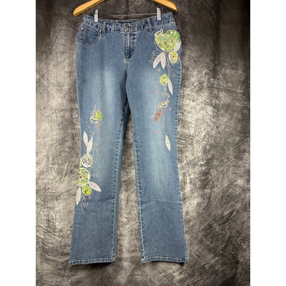 Vintage D'Mode Classix Y2K Embroidered Jeans Women 10 Blue Floral Applique